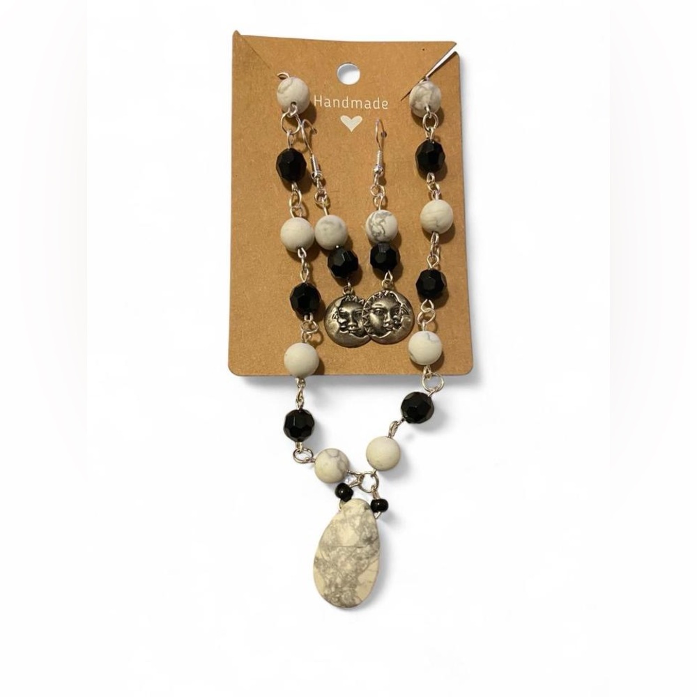 Handmade Black faceted and Howlite Beaded Choker Necklace and Earring Set